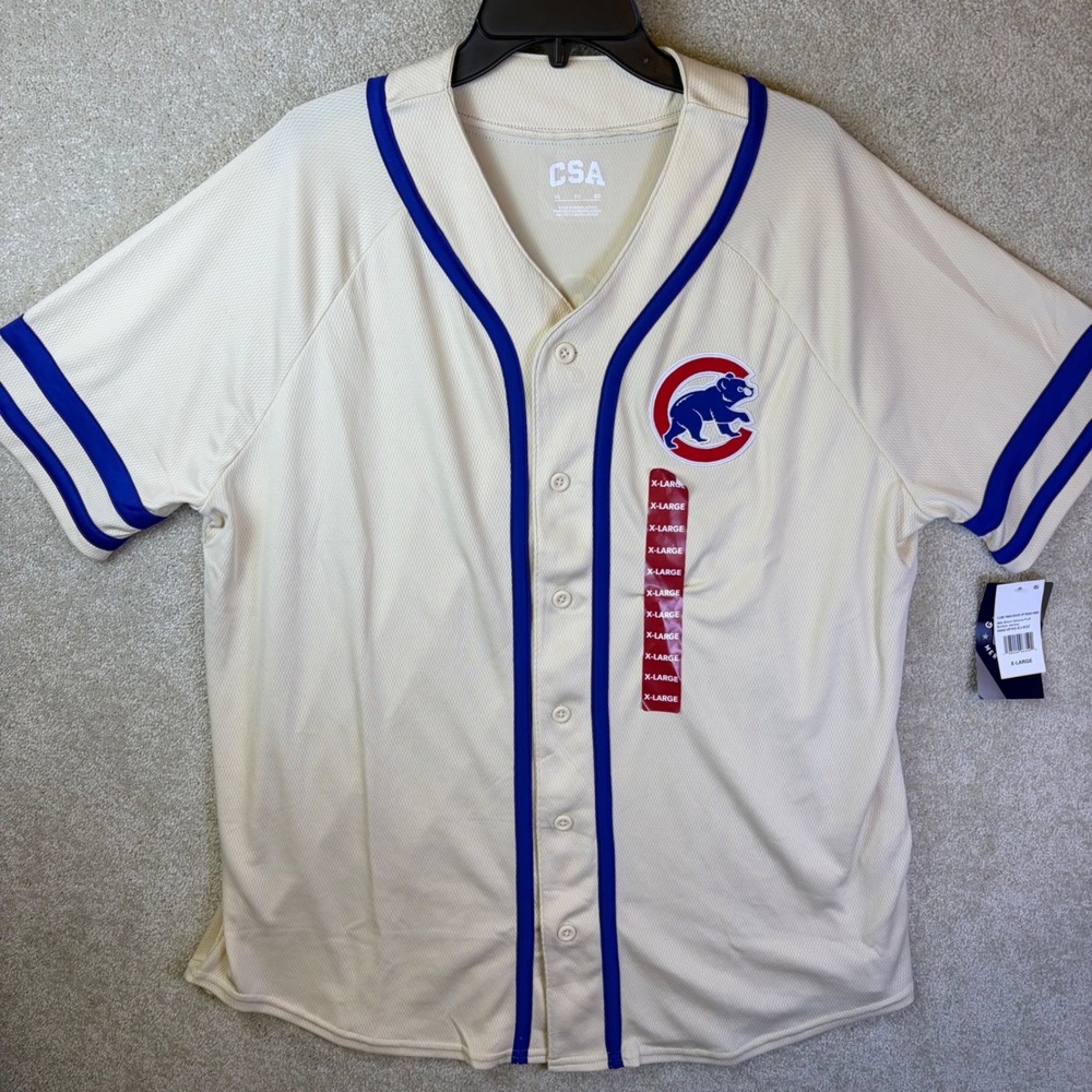 CSA MLB Chicago Cubs Jersey Mens XL Cream Blue Short Sleeve Full Button NEW